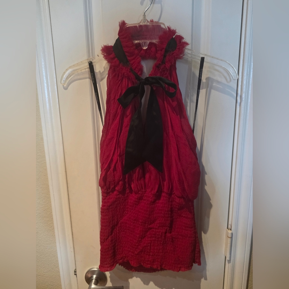 BEBE Red Sleeveless Ruffled Halter Dress with Black Bow Small